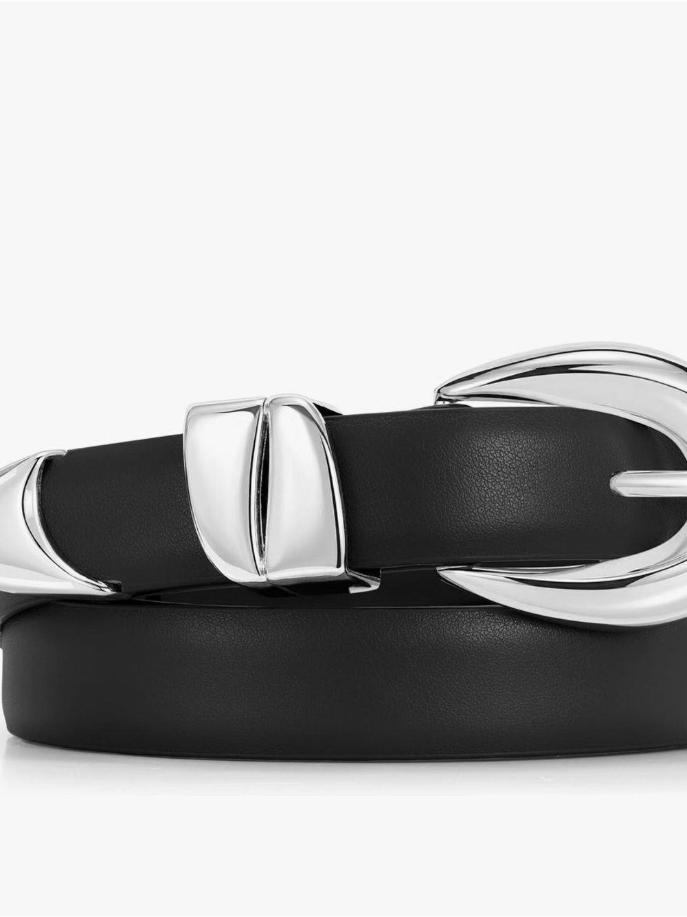 Womens Black Leather Belt with Silver Hardware.